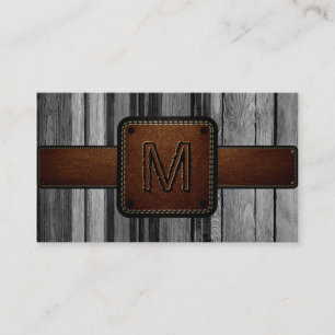 Old Wood Brown Leather Look Monogram Business Card