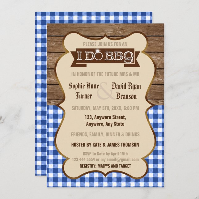 Old Wood Gingham I DO BBQ Engagement Party Invite (Front/Back)