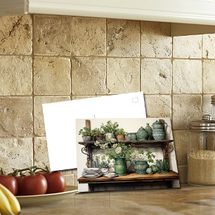 Old Wood Kitchen Shelf Green White Dishes Postcard