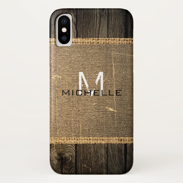 Old Wood Look Burlap Rustic Monogram Case-Mate iPhone Case (Back)