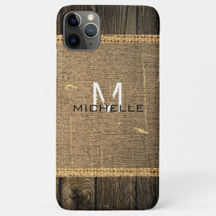 Old Wood Look Burlap Rustic Monogram iPhone 11 Pro Max Case