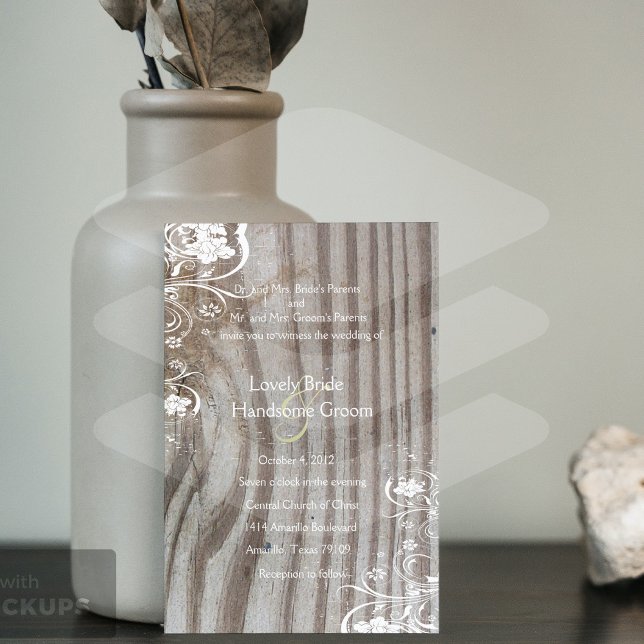 Old Wood Look Shabby Lace Wedding Invitation (Creator Uploaded)