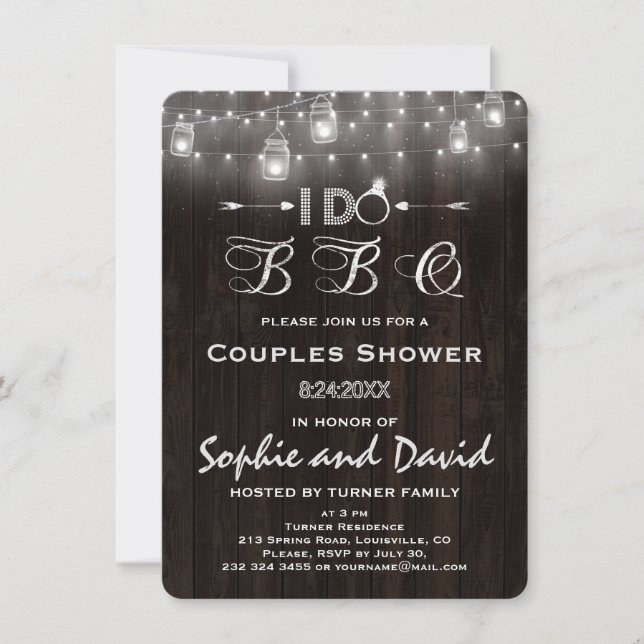 Old Wood Mason Jars String Lights I DO BBQ Invitation (Front)