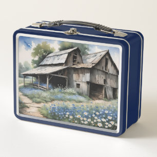 Old Wooden Barn With Blue Wildflowers & Chicken Metal Lunch Box