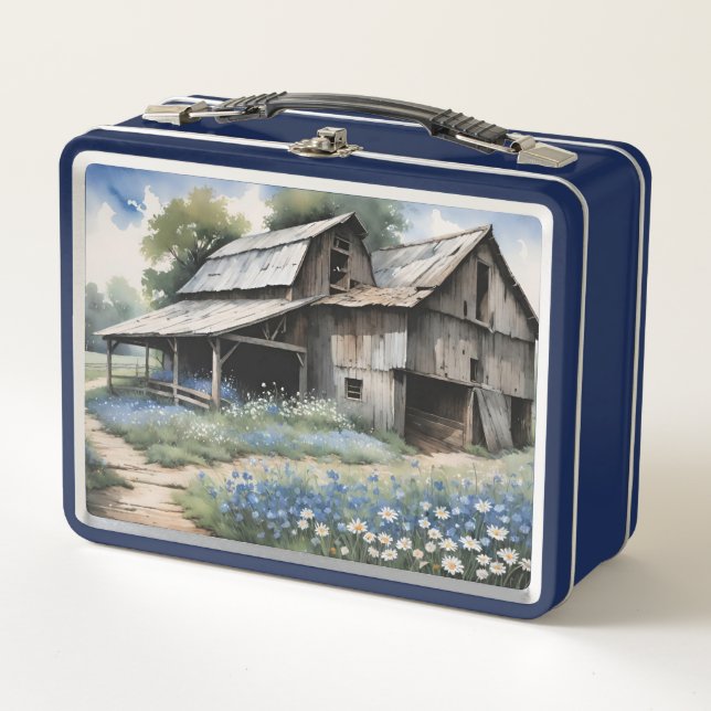 Old Wooden Barn With Blue Wildflowers & Chicken Metal Lunch Box (Front)