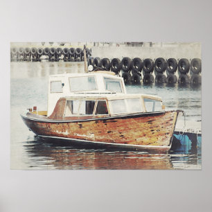 Old Wooden Boat in a Harbour Rustic Nautical Poster