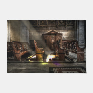 Old Wooden Church Bench with Kneeler Floor Mat