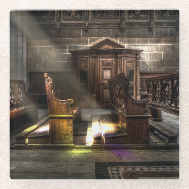 Old Wooden Church Bench with Kneeler Glass Coaster (Front)