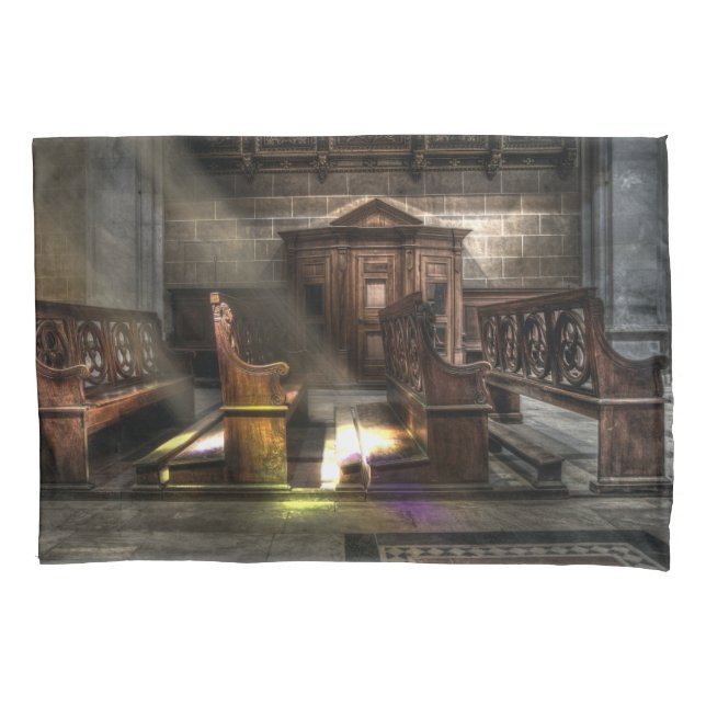 Old Wooden Church Bench with Kneeler Pillowcase (Front)