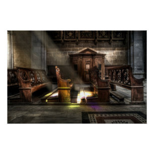 Old Wooden Church Bench with Kneeler Poster