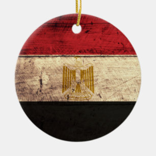 Old Wooden Egypt Flag Ceramic Ornament