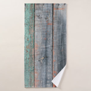 Old wooden fence painted in different color, trend bath towel