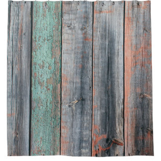 Old wooden fence painted in different color, trend shower curtain