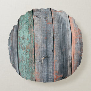 Old wooden fence painted in different colour, tren round cushion