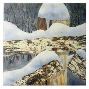 Old wooden fence post with snow on the tops ceramic tile