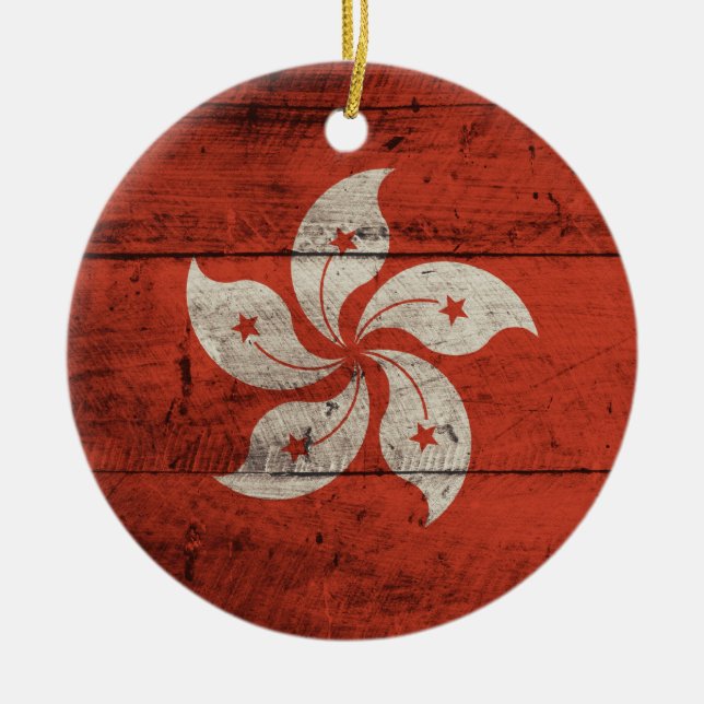 Old Wooden Hong Kong Flag Ceramic Tree Decoration (Front)