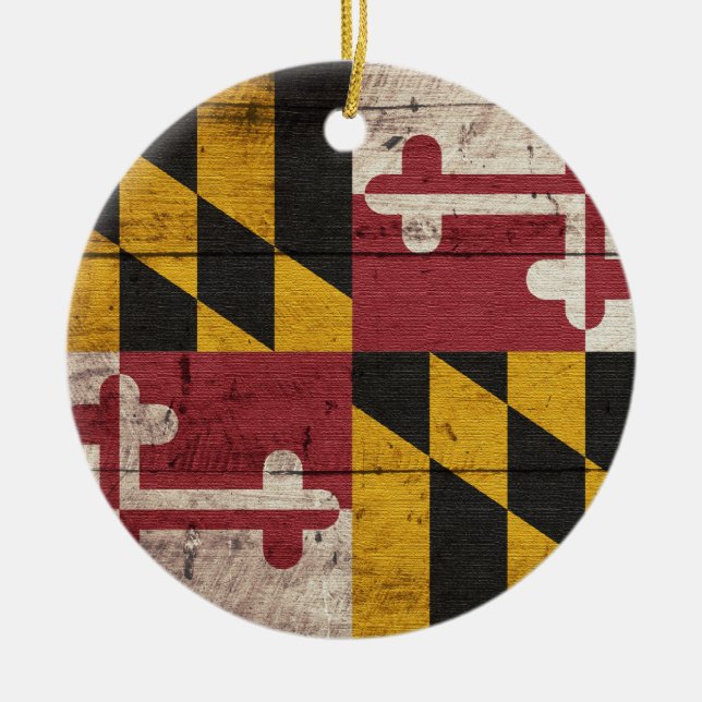 Old Wooden Maryland Flag Ceramic Tree Decoration (Front)