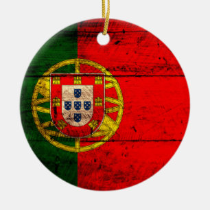 Old Wooden Portugal Flag Ceramic Ornament