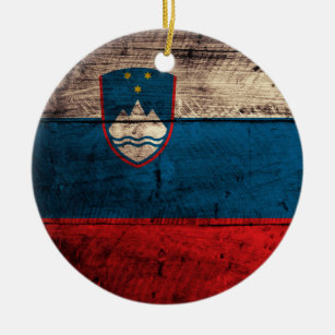 Old Wooden Slovenia Flag Ceramic Ornament