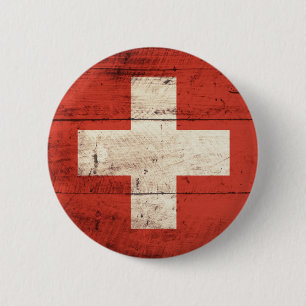 Old Wooden Swiss Flag 6 Cm Round Badge