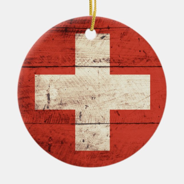 Old Wooden Swiss Flag Ceramic Tree Decoration (Front)