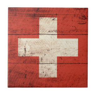Old Wooden Switzerland Flag Tile
