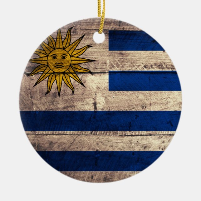 Old Wooden Uruguay Flag Ceramic Tree Decoration (Front)