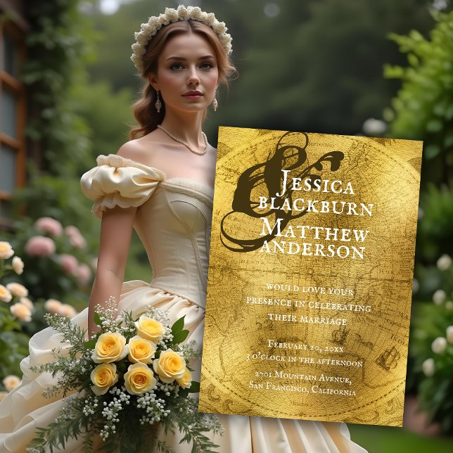 Old World Antique Gold Map Wedding Invitation (Old World Antique Gold Map Wedding Invitation. Model is AI Gen. )