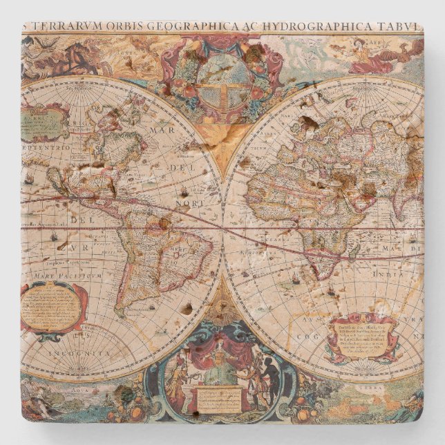 Old World Antique Map Stone Coaster (Front)