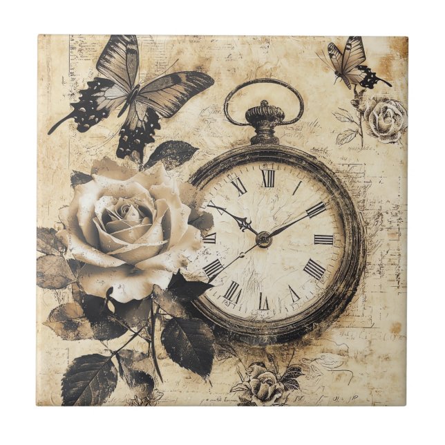 Old World Brown Botanical Compass Butterfly Ceramic Tile (Front)