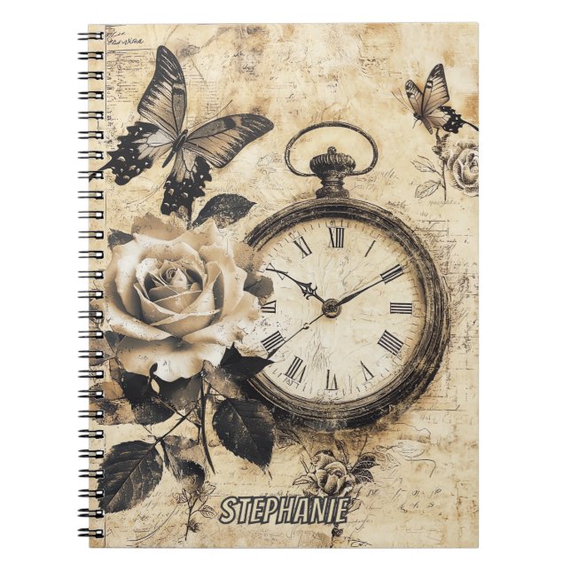 Old World Brown Botanical Compass Butterfly Notebook (Front)