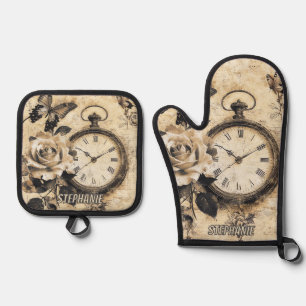 Old World Brown Botanical Compass Butterfly Oven Mitt & Pot Holder Set