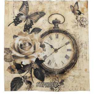 Old World Brown Botanical Compass Butterfly Shower Curtain