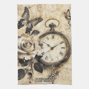 Old World Brown Botanical Compass Butterfly Tea Towel