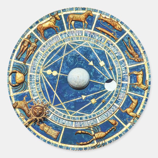Old World Celestial Blue Zodiac Astrology Wheel Ma Classic Round Sticker (Front)