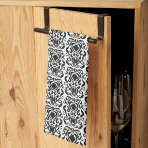 Old World Damask Black on White Tea Towel