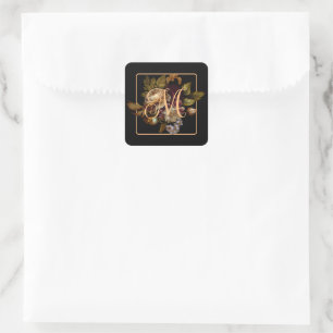 Old World Dark Floral Bouquet with Monogram Square Sticker