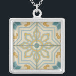 Old World Decorative Tile Pattern Silver Plated Necklace<br><div class="desc">A Chariklia Zarris creation,  this old world print offers a decorative tile pattern with blue and gold on a beige background. Would make a great gift for fans of flowers and pastel prints!</div>