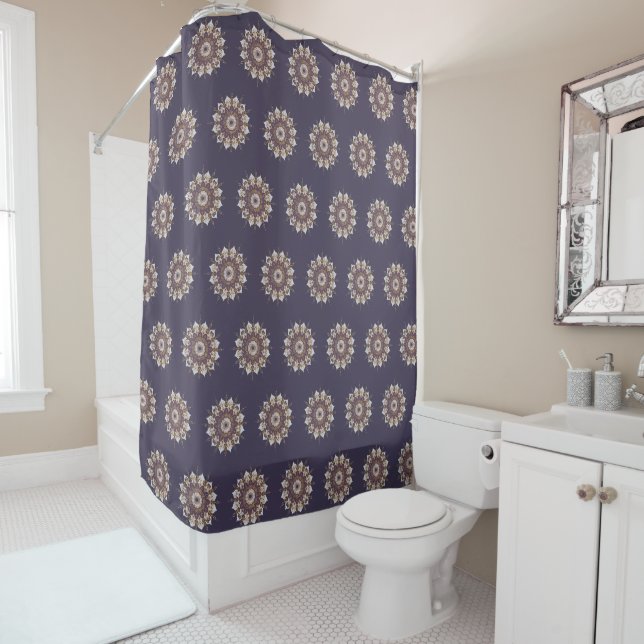 Old world design neutral colours shower curtain (In Situ)