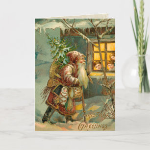 Old World Father Christmas in Snow with Gifts Holiday Card