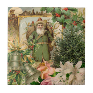Old World Green Santa Christmas Collage Antique Ceramic Tile