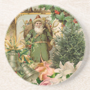 Old World Green Santa Christmas Collage Antique Coaster