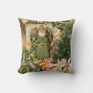 Old World Green Santa Christmas Collage Antique Cushion