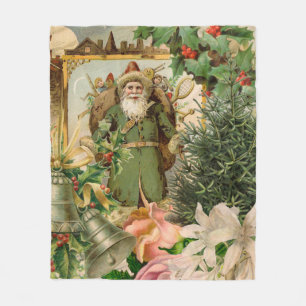 Old World Green Santa Christmas Collage Antique Fleece Blanket