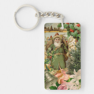 Old World Green Santa Christmas Collage Antique Key Ring