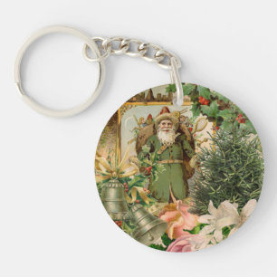 Old World Green Santa Christmas Collage Antique Key Ring
