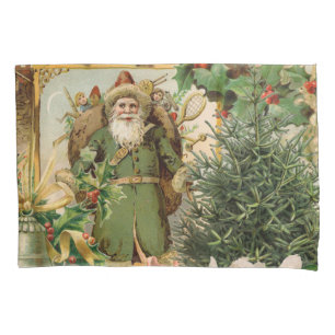 Old World Green Santa Christmas Collage Antique  Pillowcase
