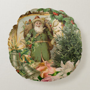 Old World Green Santa Christmas Collage Antique  Round Cushion