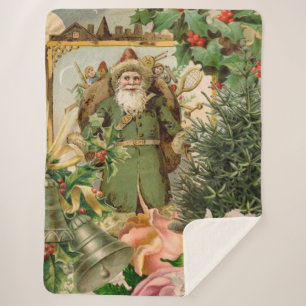 Old World Green Santa Christmas Collage Antique Sherpa Blanket