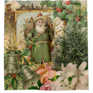 Old World Green Santa Christmas Collage Antique  Shower Curtain